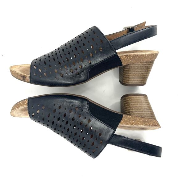 Josef Seibel Black Perforated Leather Slingback Open Toe Heeled Sandals US 8.5 - Picture 6 of 10
